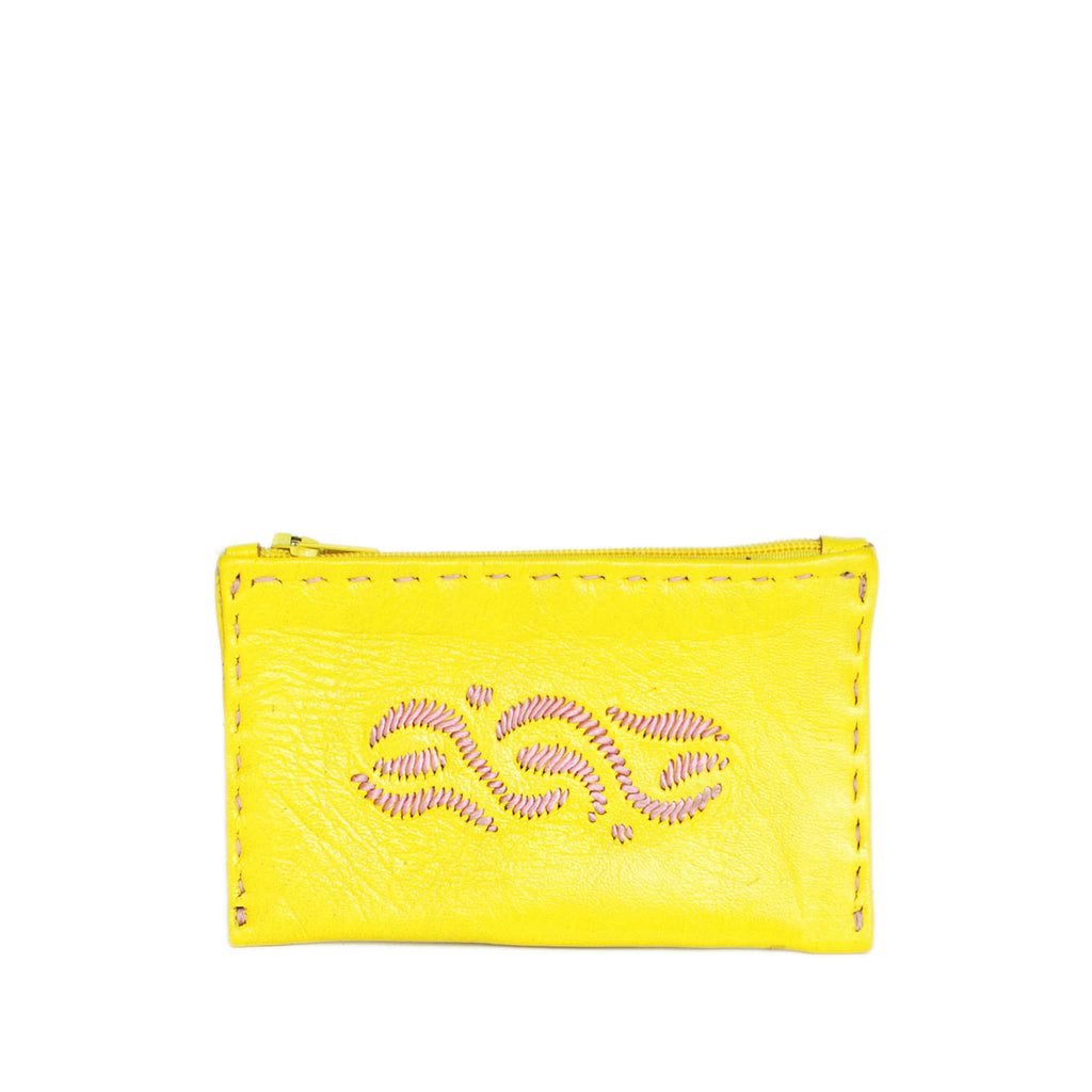 Yellow and Rosé Embroidered Leather Coin Wallet handmade product front shot