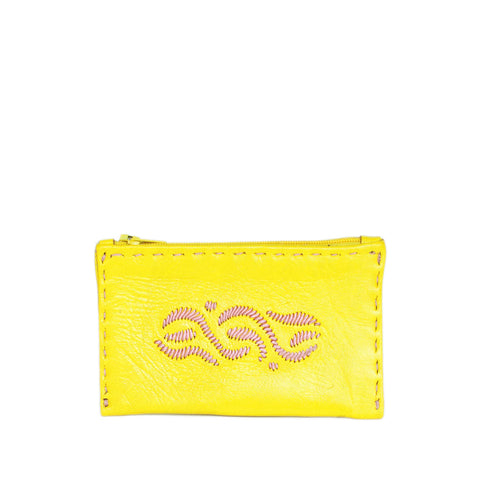 Embroidered Leather Coin Wallet in Black