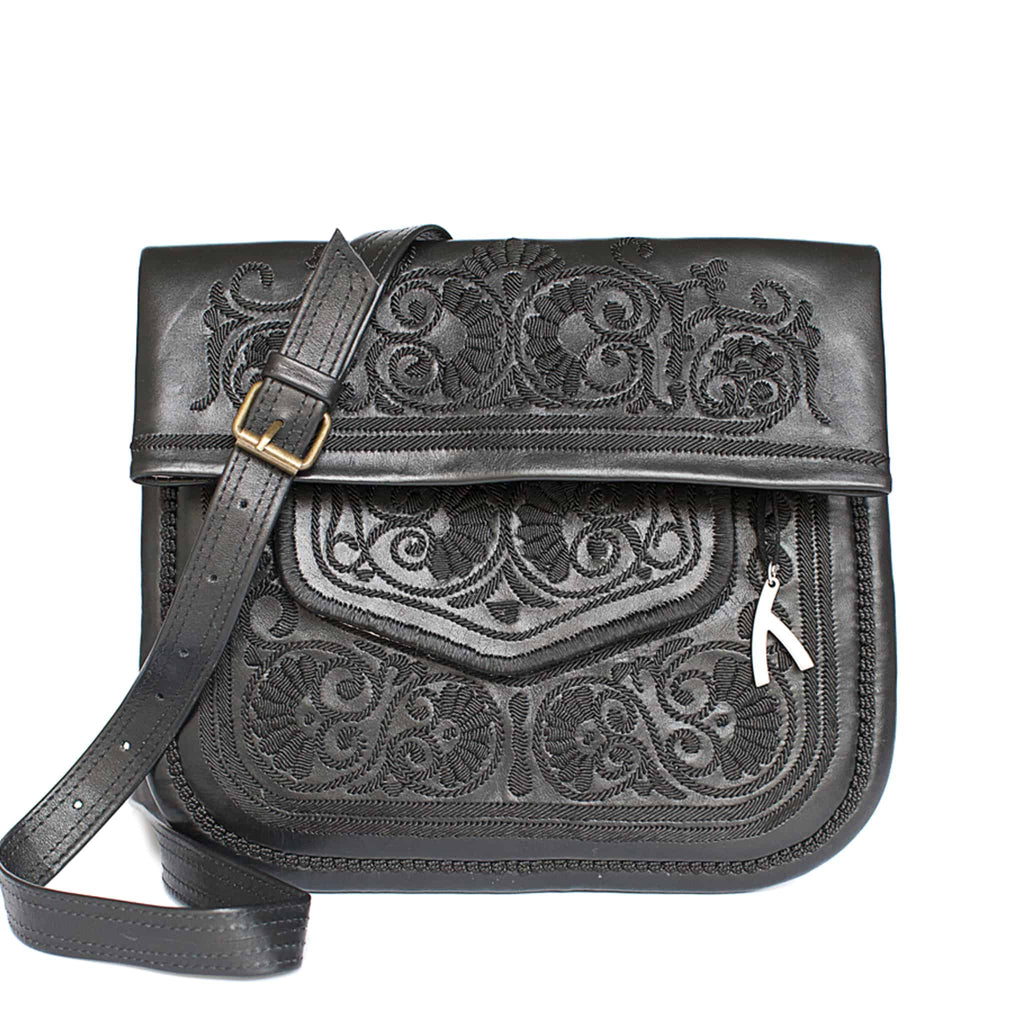 front view of black handmade embroidered ABURY Leather Berber Shoulder Bag