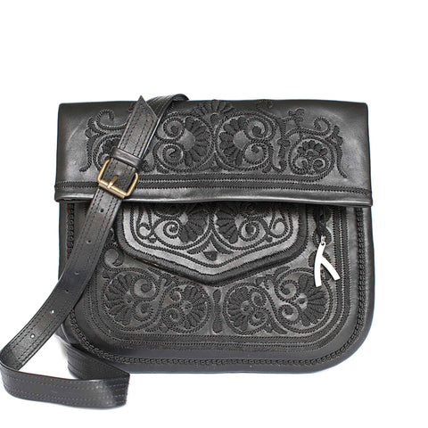 Embroidered Leather Pouch in Black