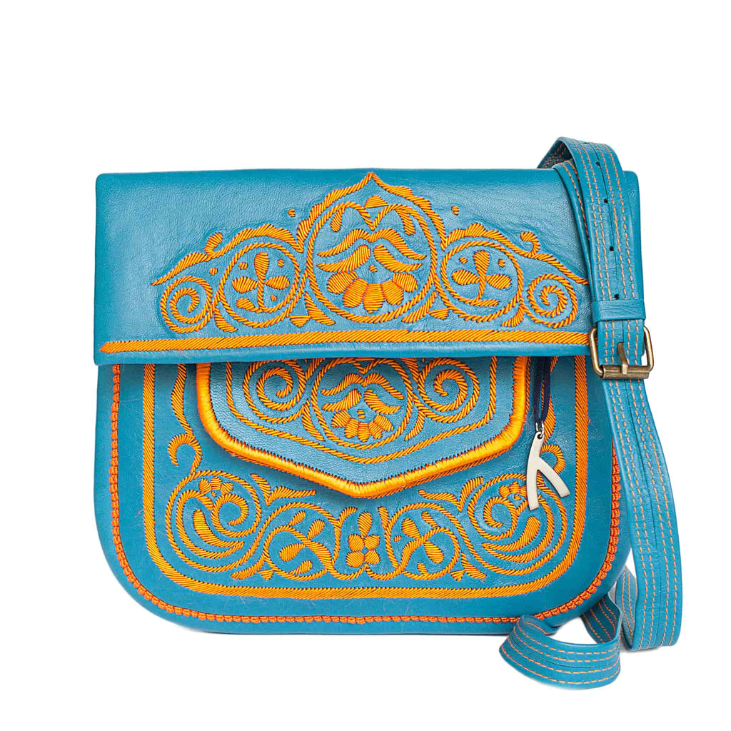 front view of turquoise and orange embroidered ABURY Leather Berber Shoulder Bag
