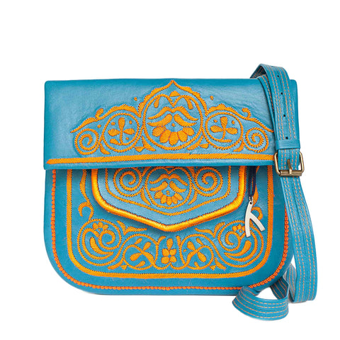 Embroidered Leather Pouch in Dark Green, Blue