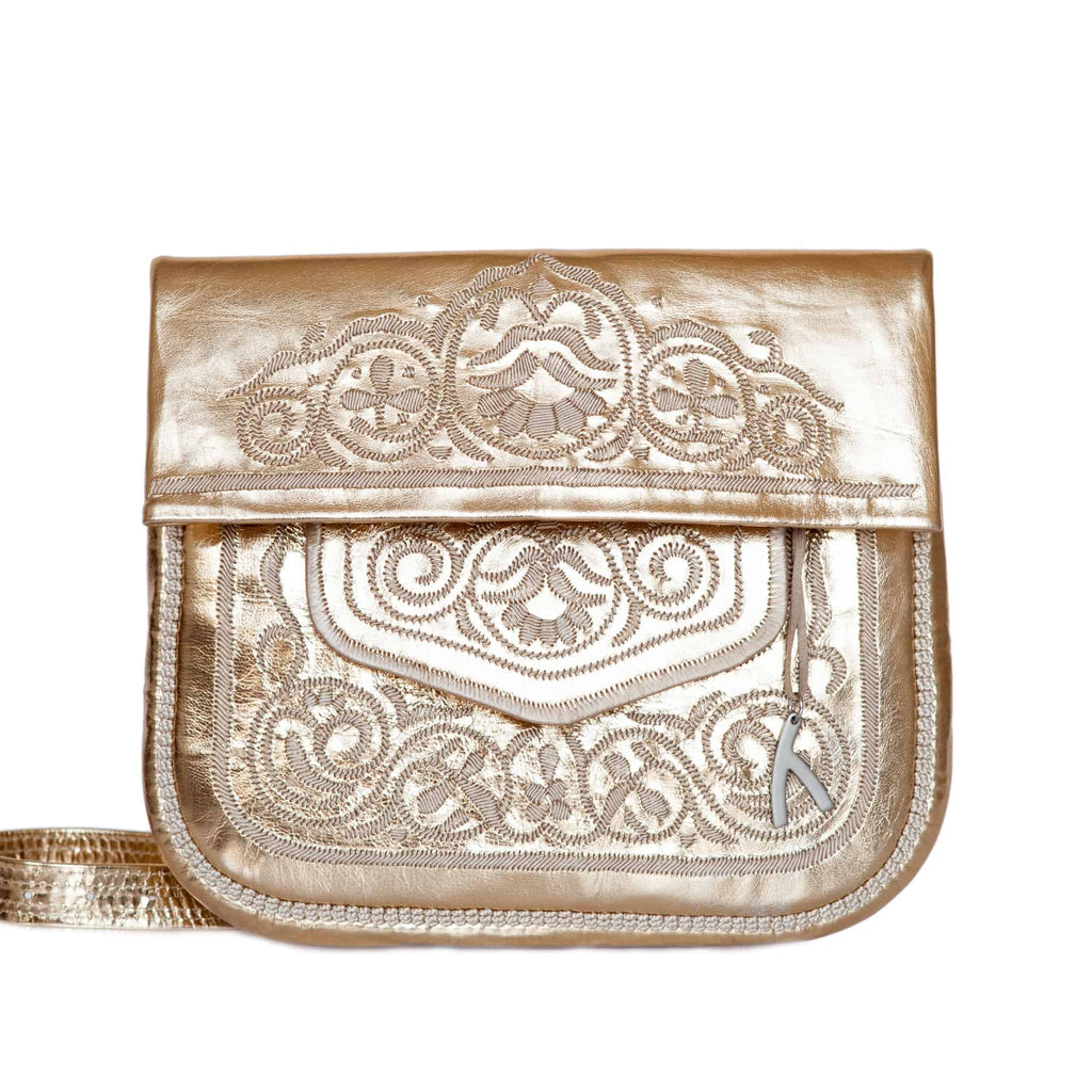 front view of gold embroidered ABURY Leather Berber Shoulder Bag