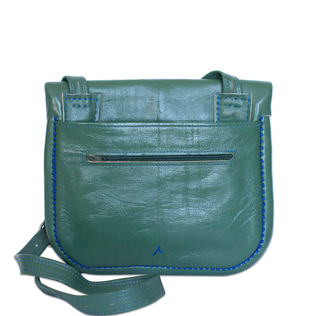 back view of handmade green and blue embroidered ABURY Leather Berber Shoulder Bag