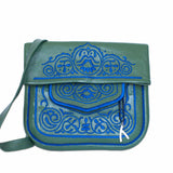 front view of green and blue handmade embroidered ABURY Leather Berber Shoulder Bag