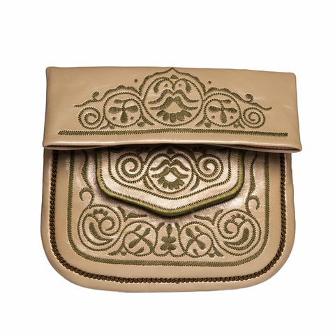 Embroidered Leather Pouch in White, Green