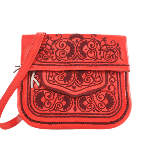 Embroidered Leather Berber Bag in White, Red, Green