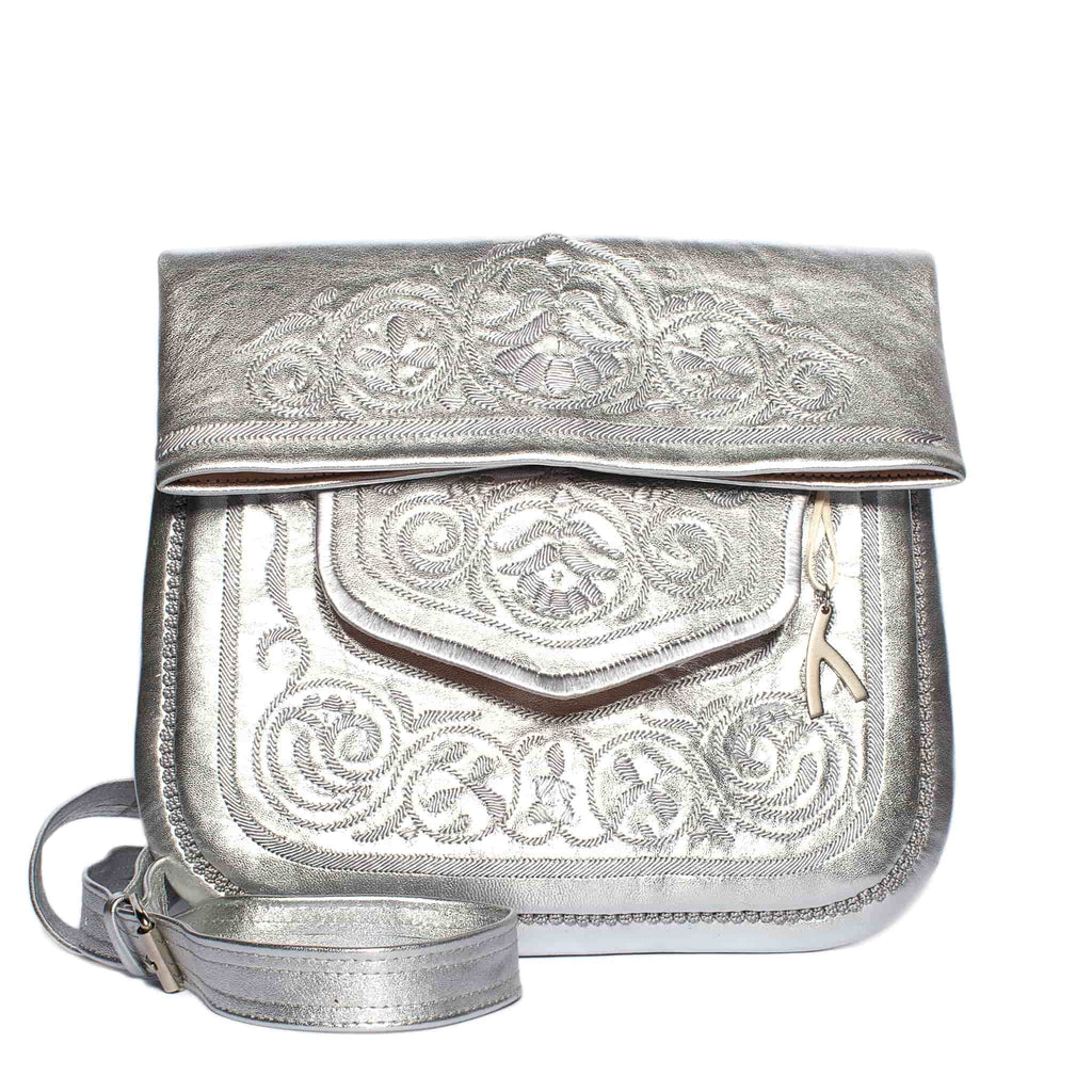 front view of silver embroidered ABURY Leather Berber Shoulder Bag