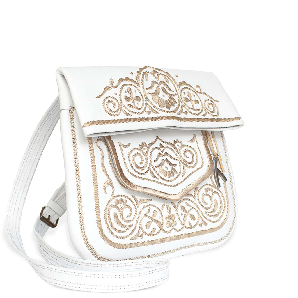 side view of white and beige embroidered ABURY Leather Berber Shoulder Bag