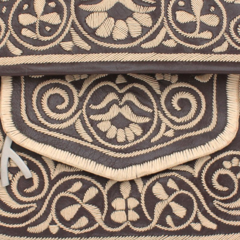 close view on embroidery of Brown and Beige Leather Berber Bag - Shoulder Bags - ABURY Collection