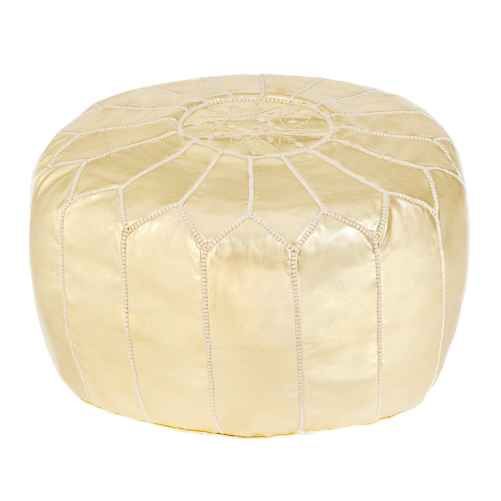 Embroidered Leather Pouf in Gold, Beige