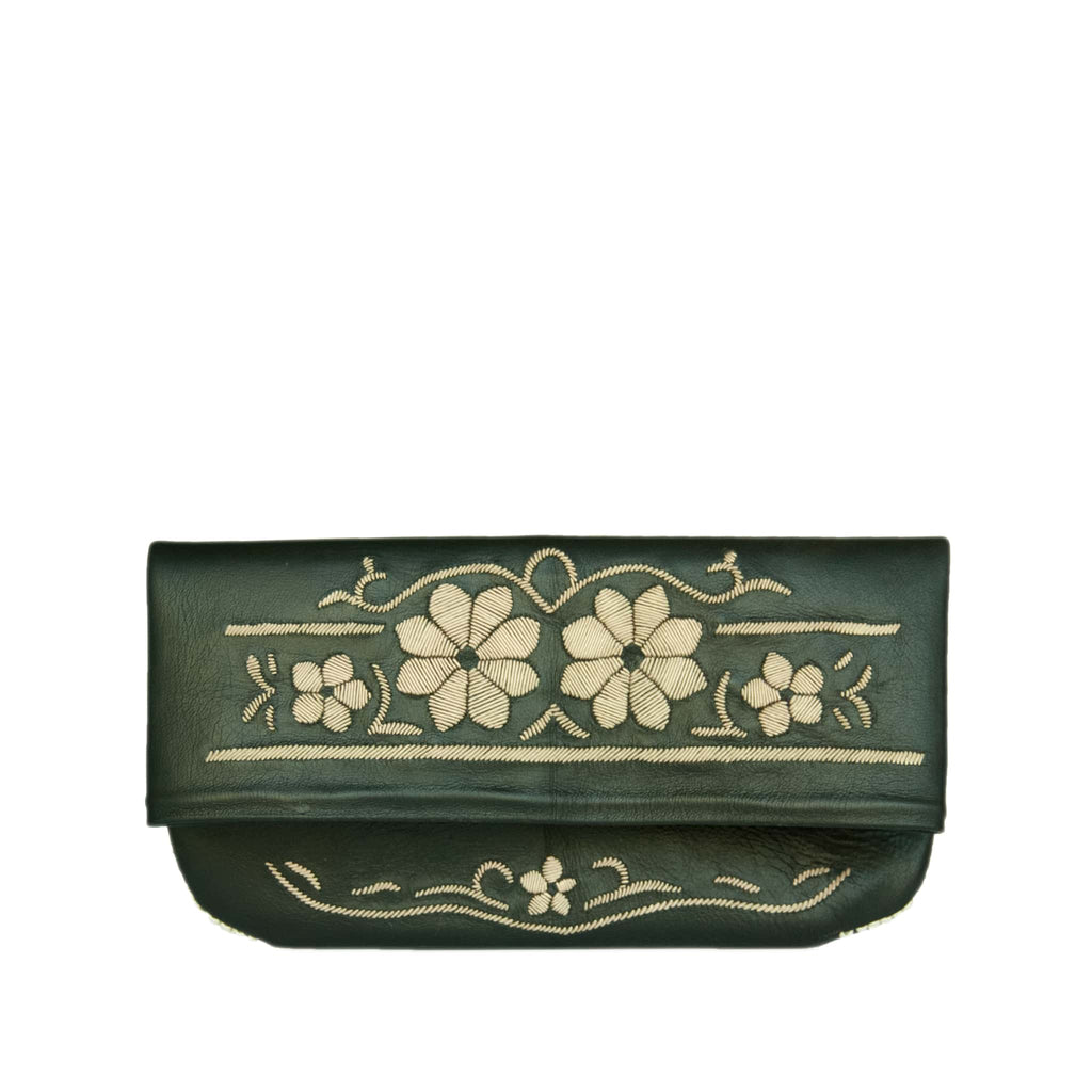 front view black and cream coloured floral abury leather clutch bag