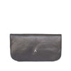 front view of backside of black and silver floral embroidered abury leather clutch bag