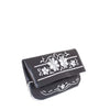 front view of side view of black and silver floral embroidered abury leather clutch bag