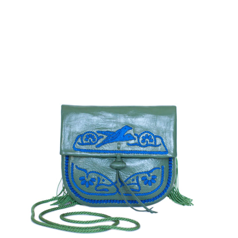 Embroidered Leather Berber Bag in Green, Blue