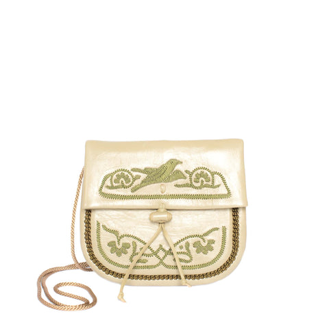 Embroidered Leather Clutch Bag in White, Yellow