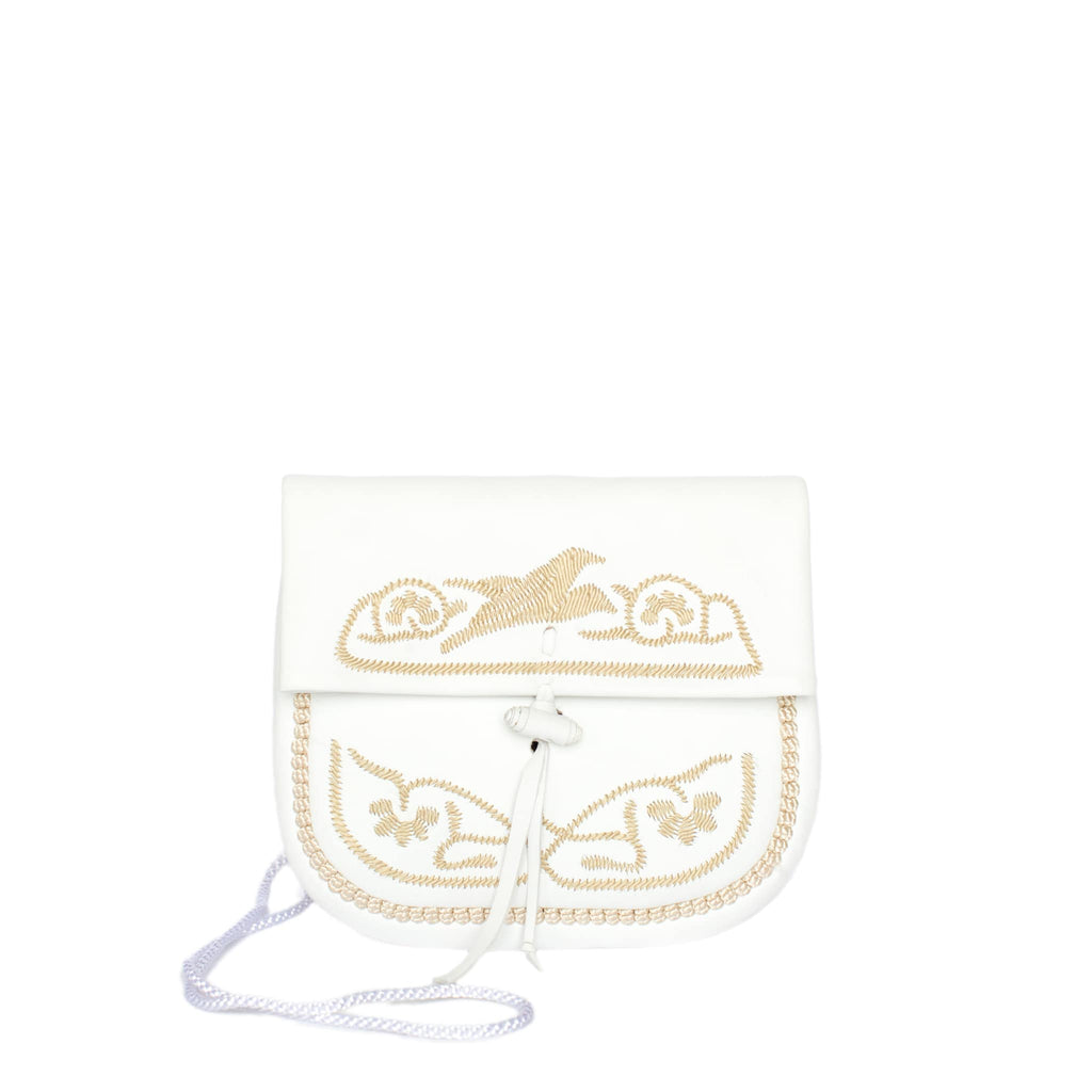 front view of white and beige embroidered ABURY Leather Mini Berber Shoulder Bag