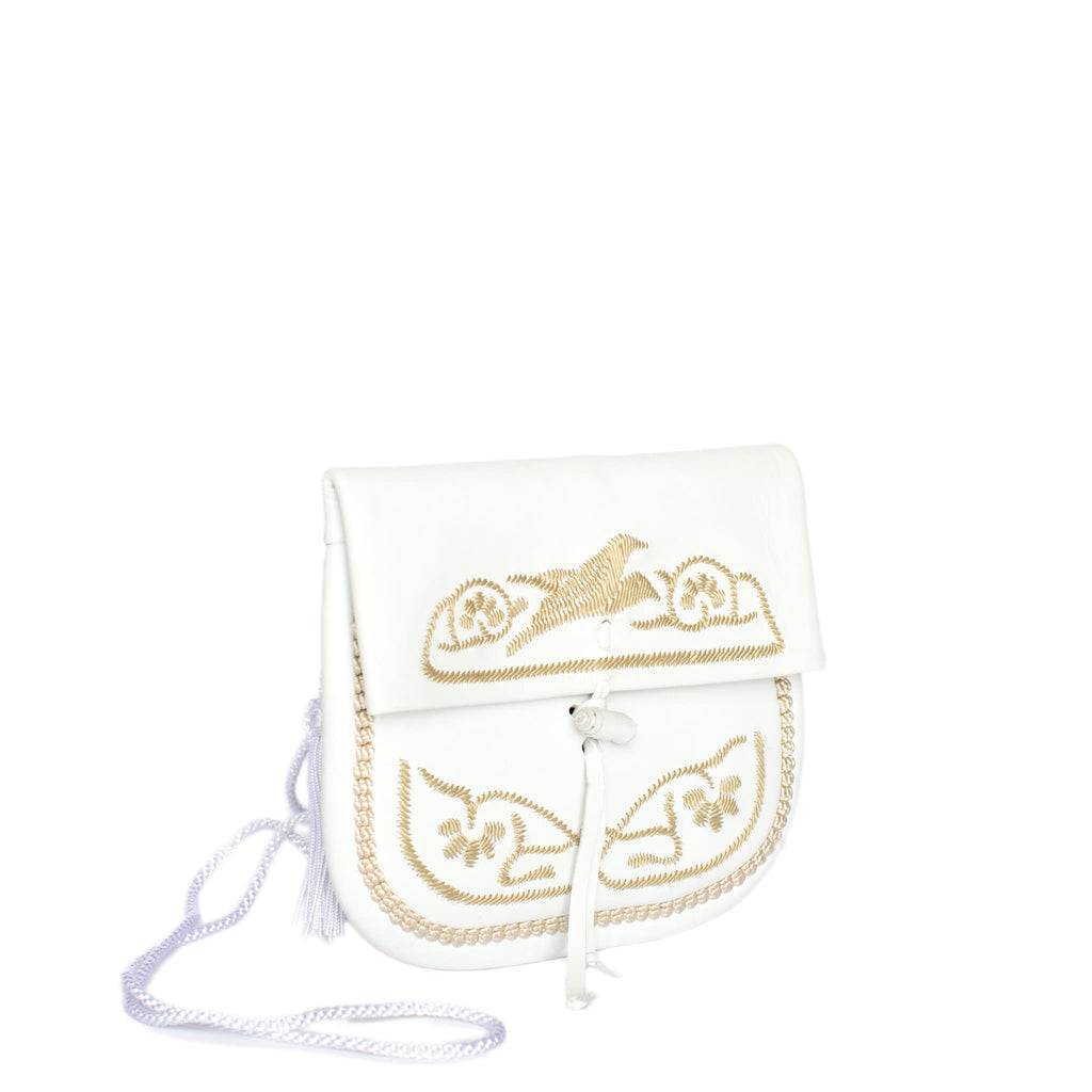 Embroidered Mini Crossbody Bag in White, Beige
