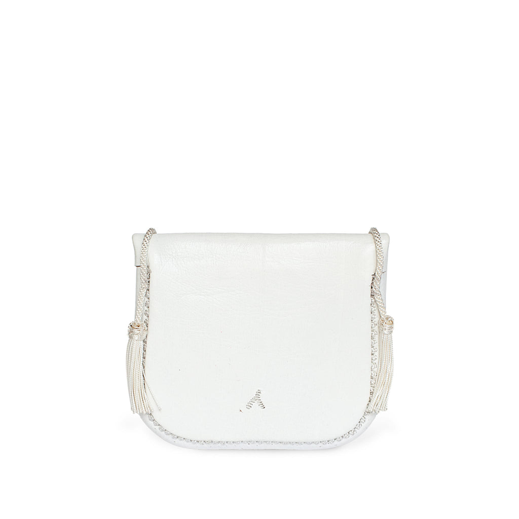 back view of eco friendly white embroidered ABURY Leather Mini Berber Shoulder Bag