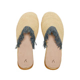 back side abury beige raffia summer slippers with fringes