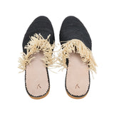 back side abury black raffia summer slippers with fringes