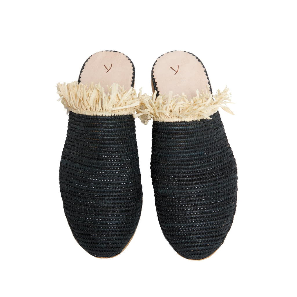 front side abury black raffia summer slippers with fringes
