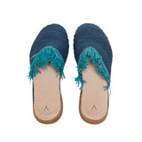 back side abury blue raffia summer slippers with fringes