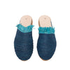front side abury blue raffia summer slippers with fringes