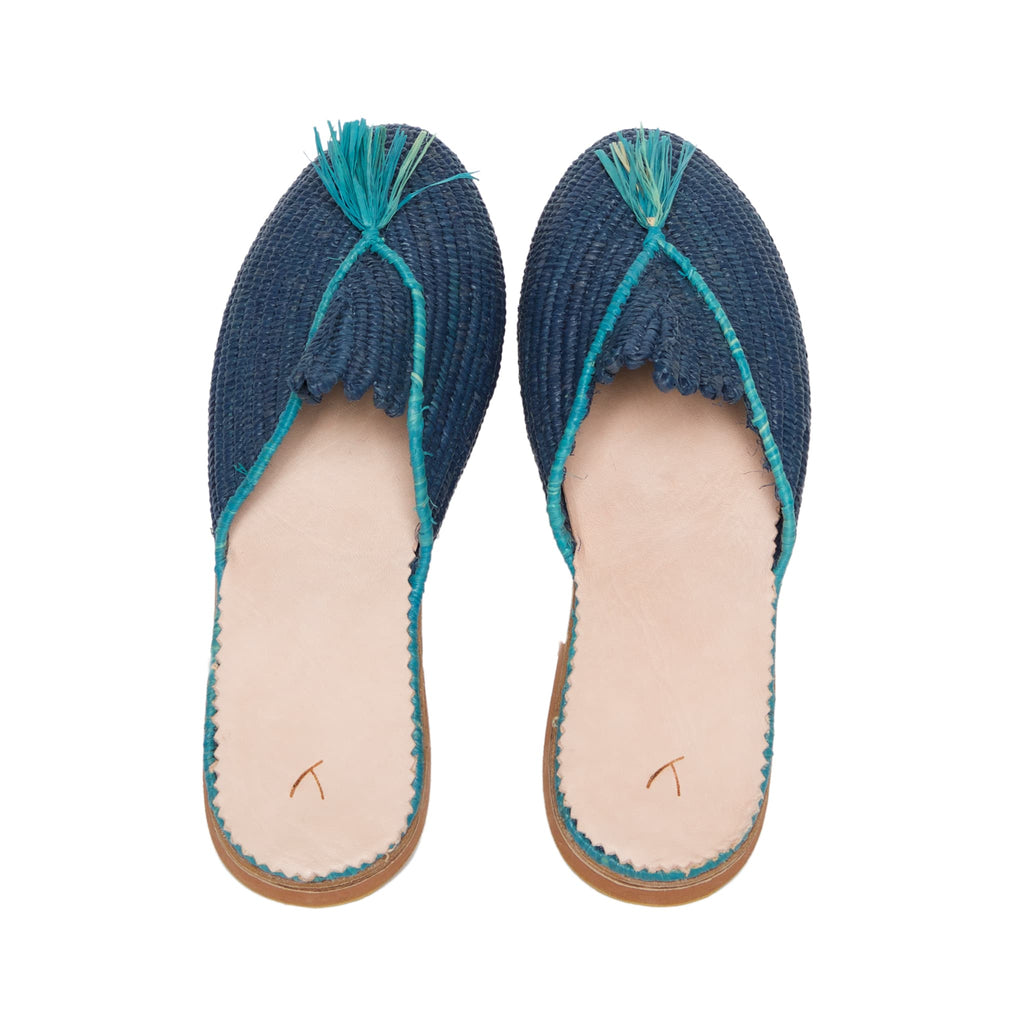 back side abury blue raffia summer slippers with tassel