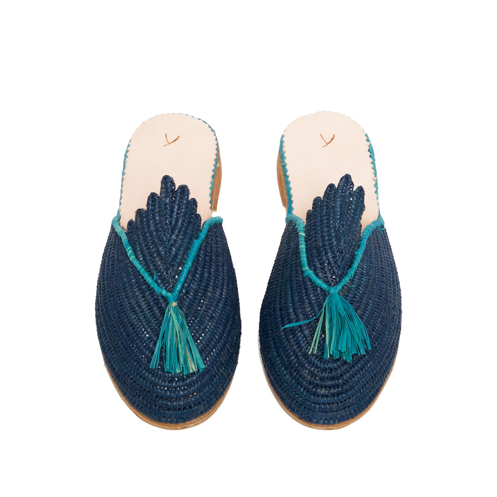 front side abury blue raffia summer slippers with tassel