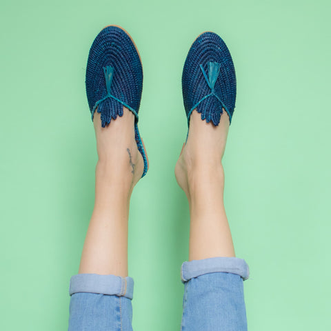 Raffia Slippers with Fringes in Blue, Turquoise