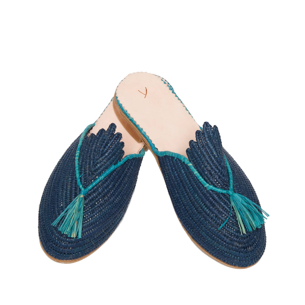 side view abury blue raffia summer slippers with tassel