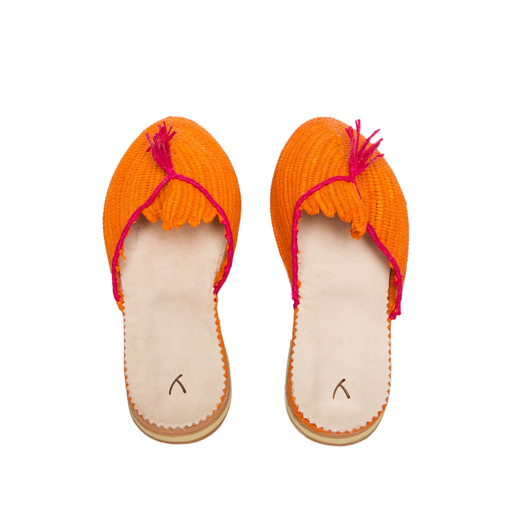 back side abury orange pink raffia summer slippers with tassel