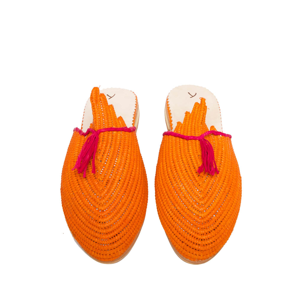 front side abury orange pink raffia summer slippers with tassel