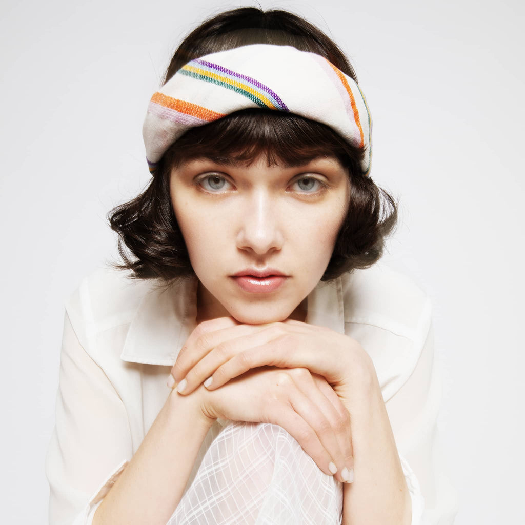 Model wearing ABURY colourful cotton striped bandana 