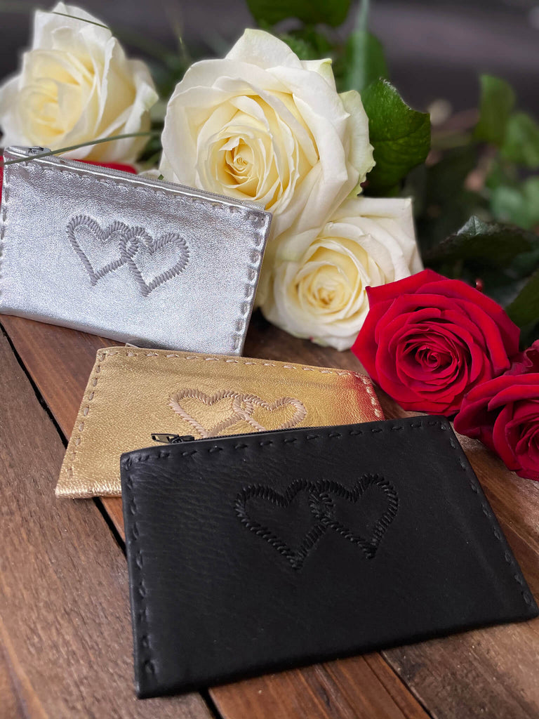 Embroidered Leather Coin Wallet *Love Edition* in Gold