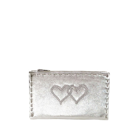 Embroidered Leather Coin Wallet in Silver