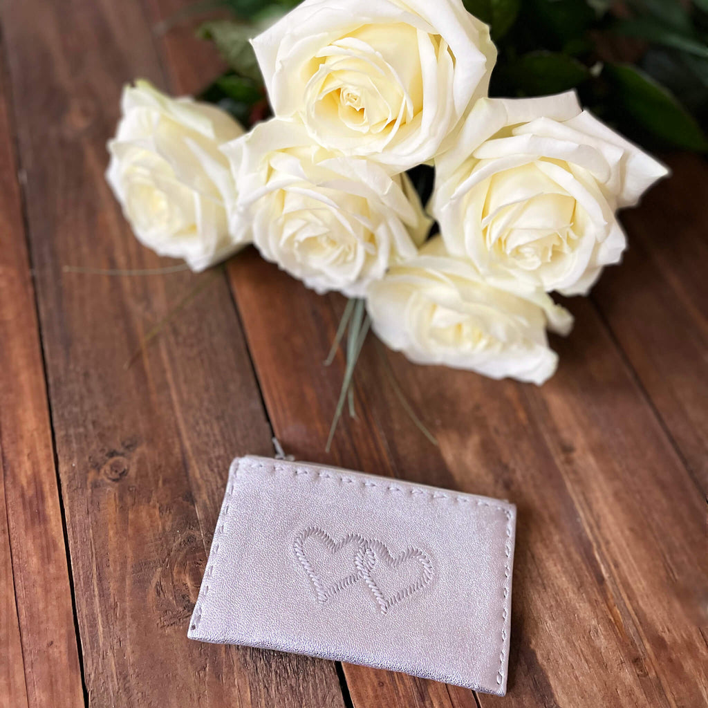 Embroidered Leather Coin Wallet *Love Edition* in Silver