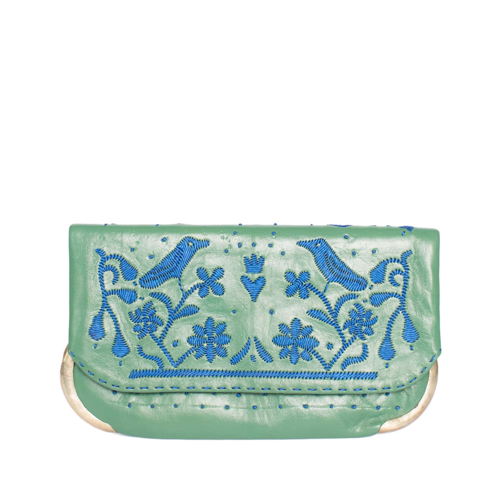 front side green and blue abury lovebirds clutch bag