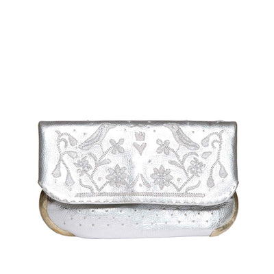 front view handmade silver abury lovebirds clutch bag
