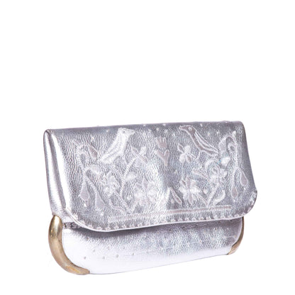 side view handmade silver abury lovebirds clutch bag