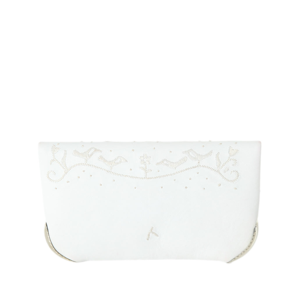back view of handmade eco friendly white leather abury wedding clutch bag