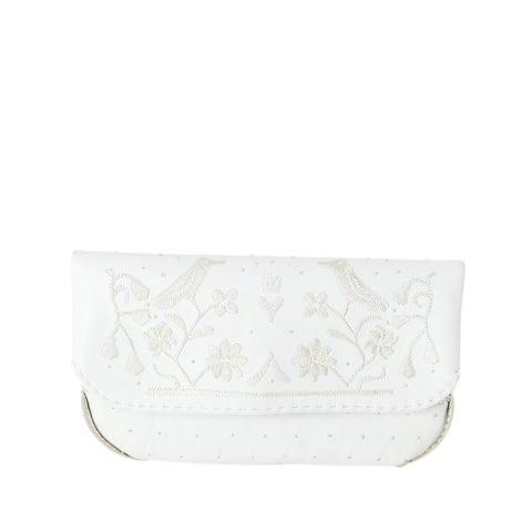 Embroidered Leather Clutch Bag in White, Purple