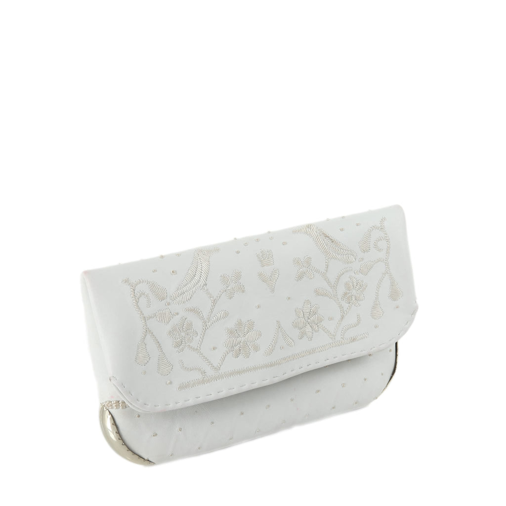 side view of handmade eco friendly white leather abury wedding clutch bag