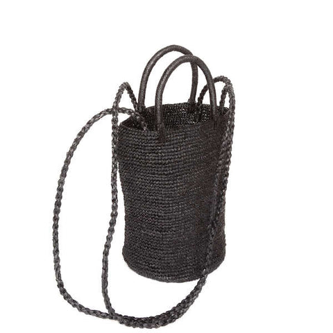 "Delia" Suede Leather Fringe Bucket Bag in Black