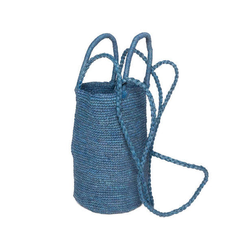 "Delia" Suede Leather Fringe Bucket Bag in Light Blue