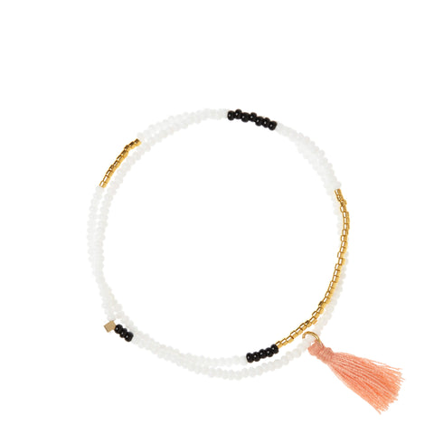 Elastic Beaded Wrap Bracelet with Tassel in Orange, White