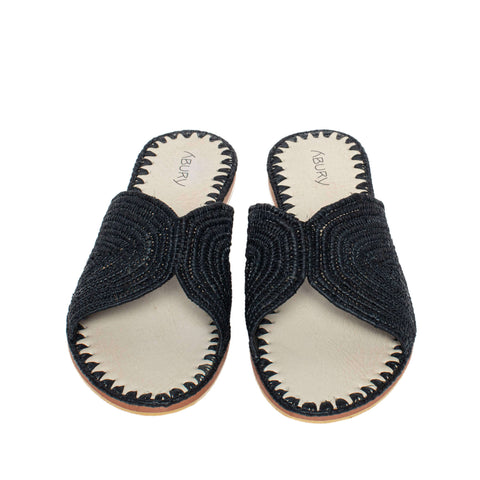 Raffia Slippers with Fringes in Black, Beige