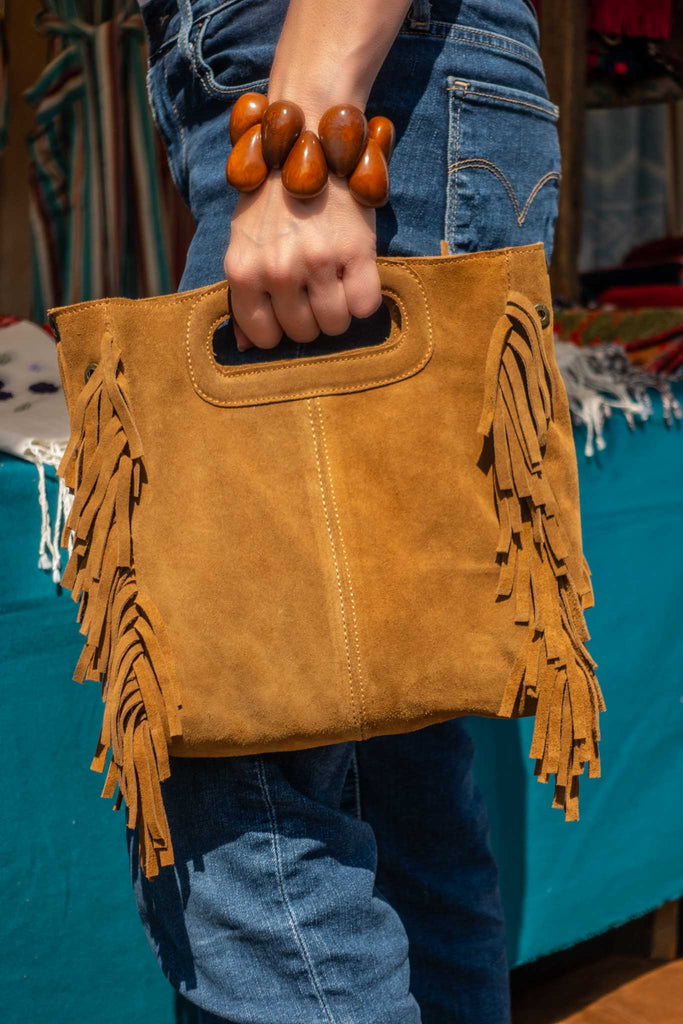"Sanna" Suede Leather Mini Fringe Bag in Brown