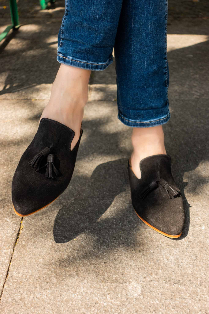 Suede Leather Pompom Mules in Black